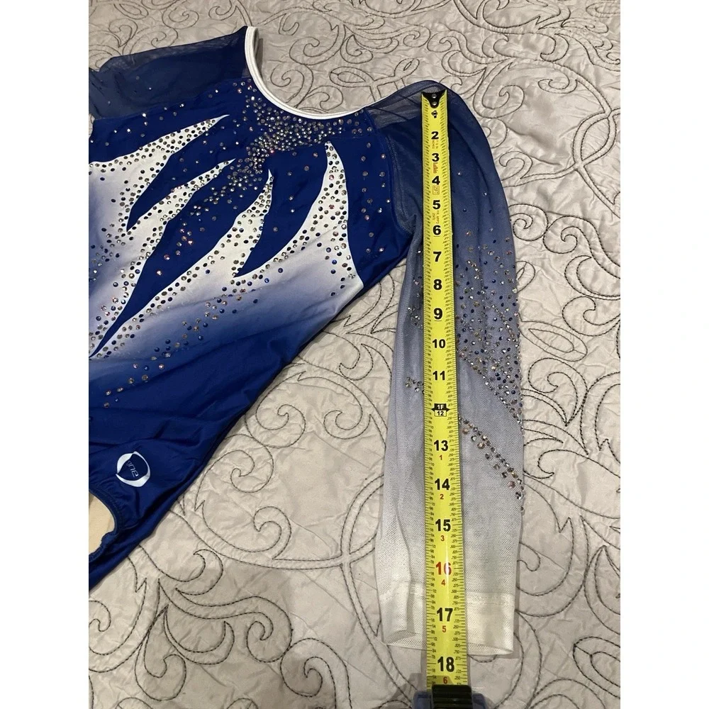 OZone Blue White Rhinestone Long Sleeve Gymnastics Leotard Adult XL